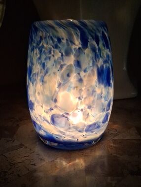Votive Candle Holder. Art Glass In Lapis Blue  "Beltown Blues". Signed-2022. DJ.